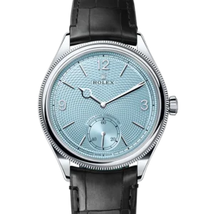 Rolex Perpetual 1908 Platinum Ice Blue Dial Brown Alligator Strap 52506 close front look