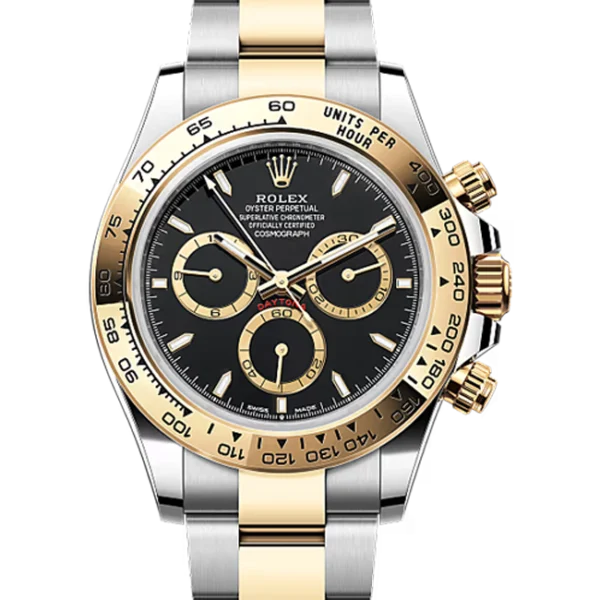 rolex daytona oystersteel yellow gold black dial 126503 close front look