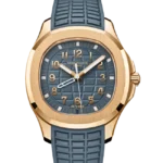 Patek Philippe Aquanaut Travel Time NEW RELEASE Opaline Blue and Gray Dial 38.8mm Rose Gold 5269R-001 - Close front