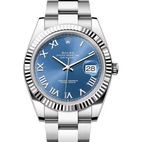 Rolex Datejust 41 Blue Roman Dial Fluted Bezel Oysteelsteel & White Gold Oyster 126334 - Close front