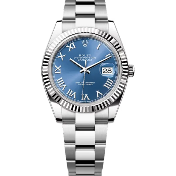 Rolex Datejust 41 Blue Roman Dial Fluted Bezel Oysteelsteel & White Gold Oyster 126334 - Front