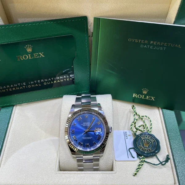 Rolex Datejust 41 Blue Roman Dial Fluted Bezel Oysteelsteel & White Gold Oyster 126334 - Full set