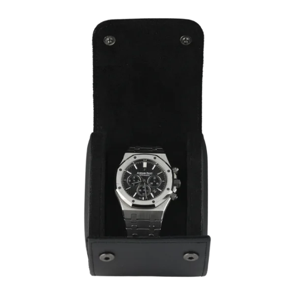 Black Leather Travel Watch Case - Single Watch - Front with watch