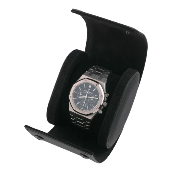 Black Leather Travel Watch Case - Single Watch - Side with watch