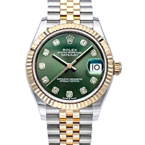 Rolex Datejust 31 Olive Green Diamond Oystersteel Yellow Gold Jubilee 278273 - Pre-owned - Close front