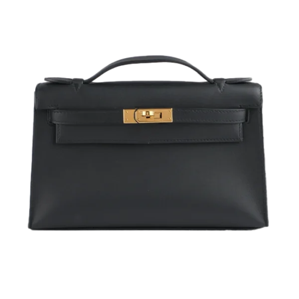 Hermès Kelly Pochette Black Swift Leather Gold Hardware - Front