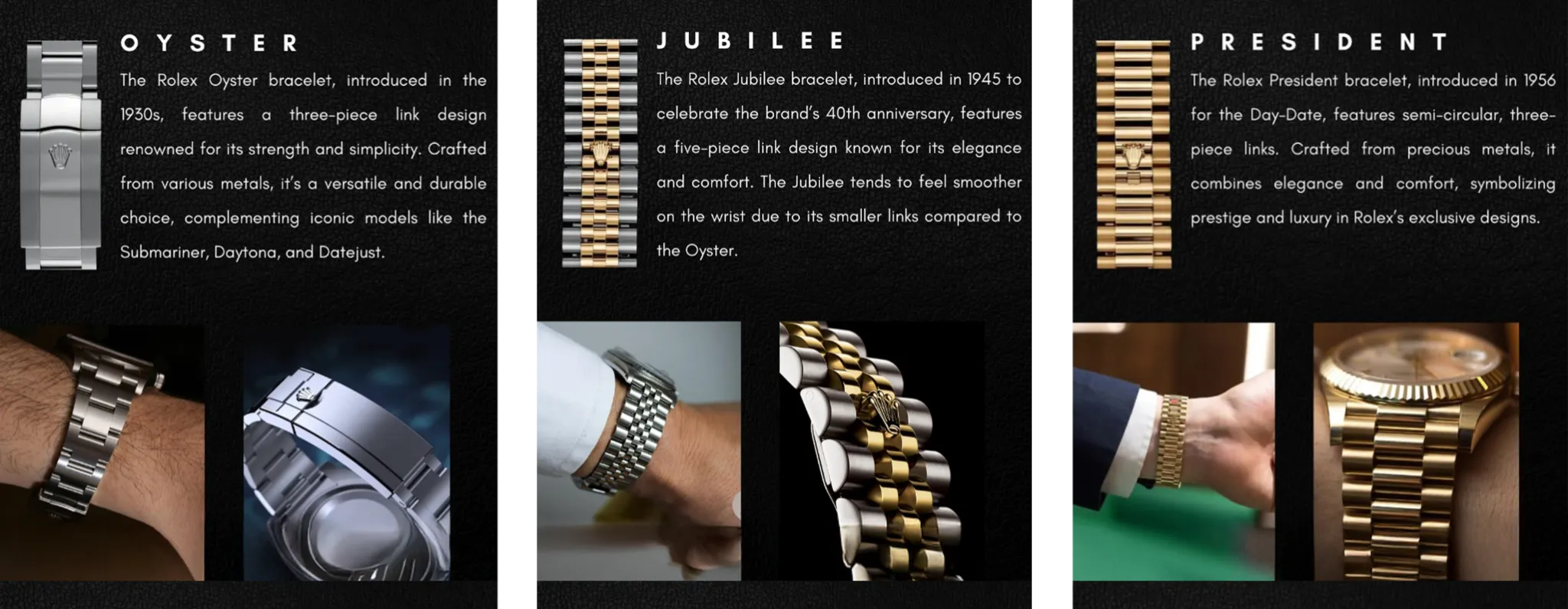 3 Different Types of Rolex Bracelets - Oyster, Jubilee, President