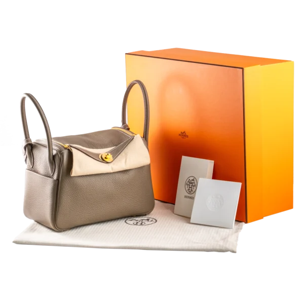 Hermes Lindy 26 Etoupe Clemence Leather Gold Hardware - Full set