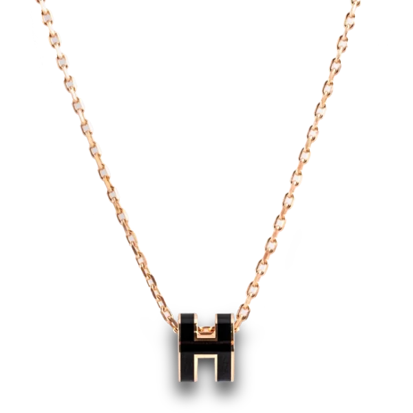 Hermes Mini Pop H Black Pendant Necklace Rose Gold Plated - Front