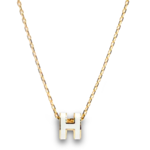 Hermes Mini Pop H White Pendant Necklace Yellow Gold Plated - Front