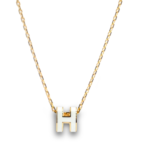 Hermes Mini Pop H White Pendant Necklace Yellow Gold Plated - Front