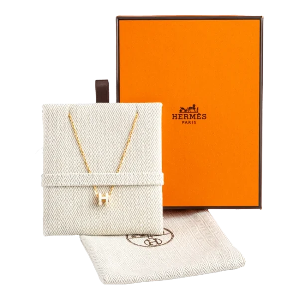 Hermes Mini Pop H White Pendant Necklace Yellow Gold Plated - Full set