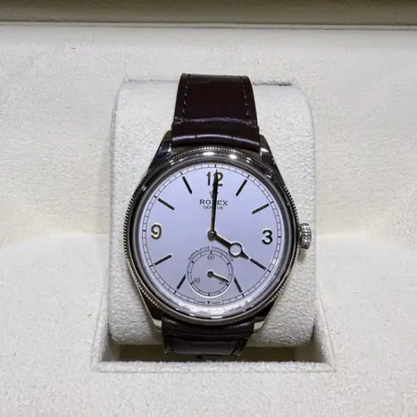 Rolex 1908 White Gold White Dial Brown Alligator Strap 52509 - 2024 Pre-Owned - Close front look