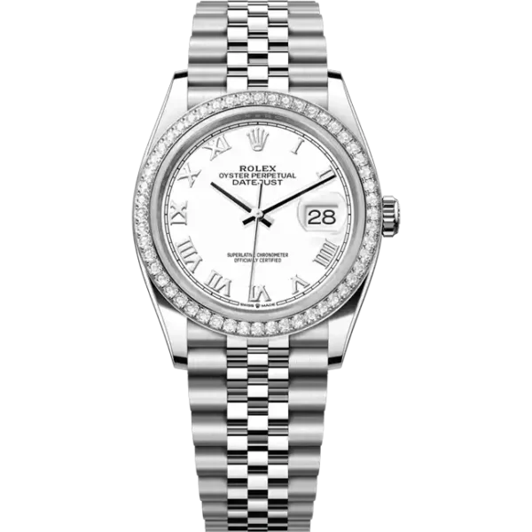 Rolex Datejust 36 White Roman Dial Diamond Bezel Jubilee 126284RBR - Front