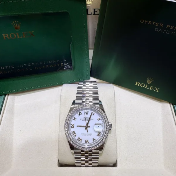 Rolex Datejust 36 White Roman Dial Diamond Bezel Jubilee 126284RBR - Full set